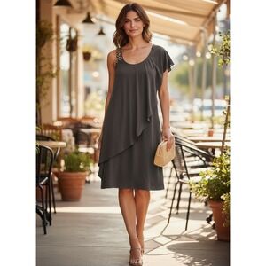 Betsy & Adam Charcoal Gray Asymmetrical Slip Dress with‎ Beaded Shoulder